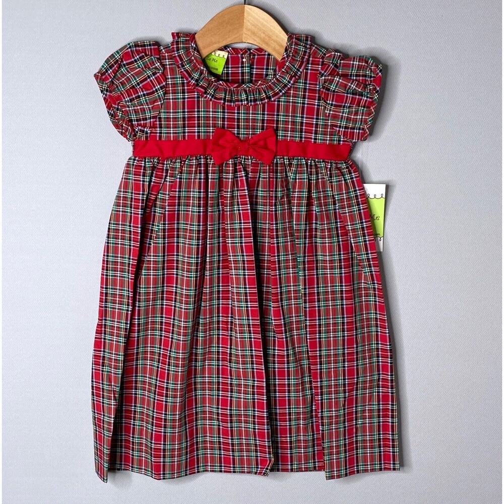 NWT Le' Za Me Red Plaid Short Sleeve Ruffle Neck Dress w/Bow Girls 24 Mo